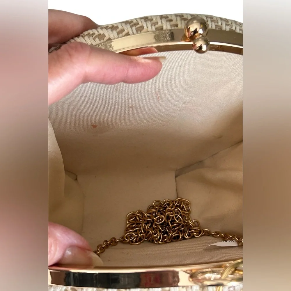 Savanna Cream Black Round Woven Crossbody Satchel Gold Chain Boho Bag Purse - Picture 13 of 13